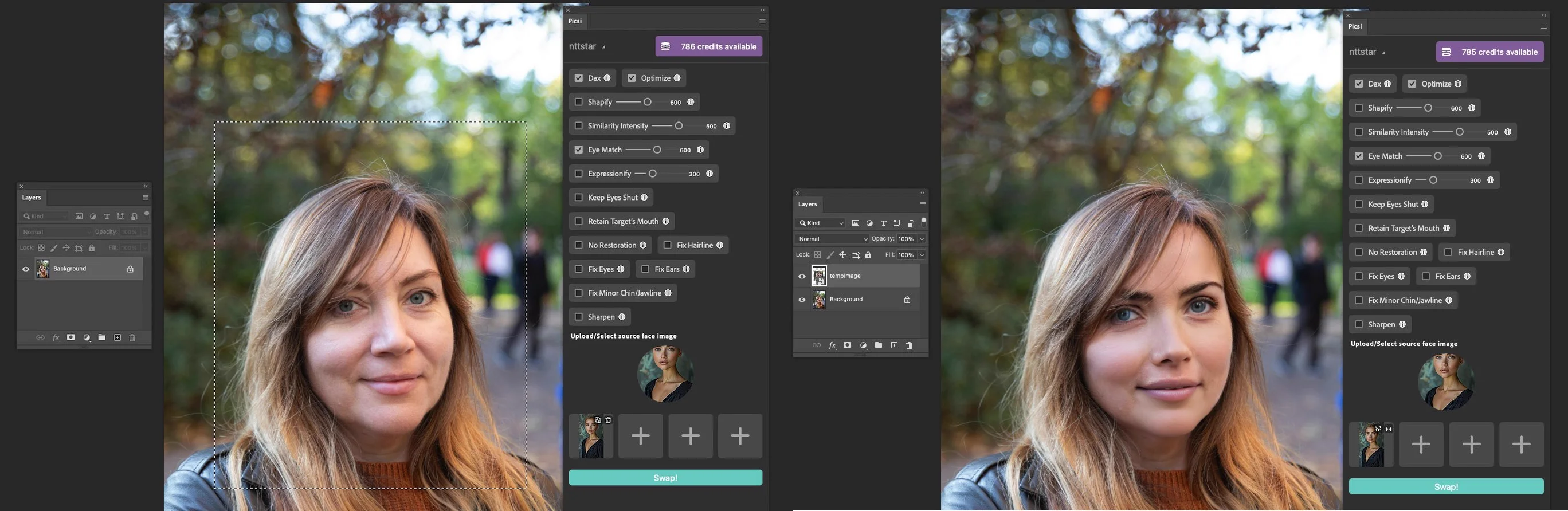 Picsi.Ai Photoshop Plugin interface showing a face swap being performed inside Adobe Photoshop.