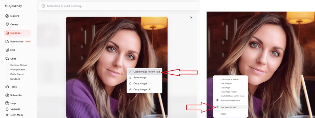 Picsi.Ai Chrome Extension performing a face swap on an image from MidJourney